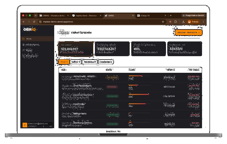 Tablero de obras OBRIQ en laptop — $21,865,947 por cobrar